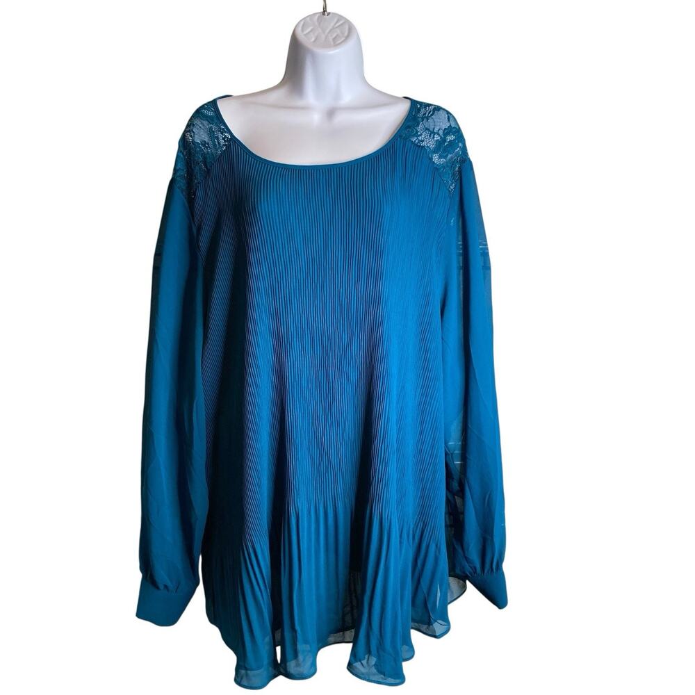 City Chic Women's Teal Pleated Tie Back Tunic Blouse Size XL Sheer Hem Flowy
